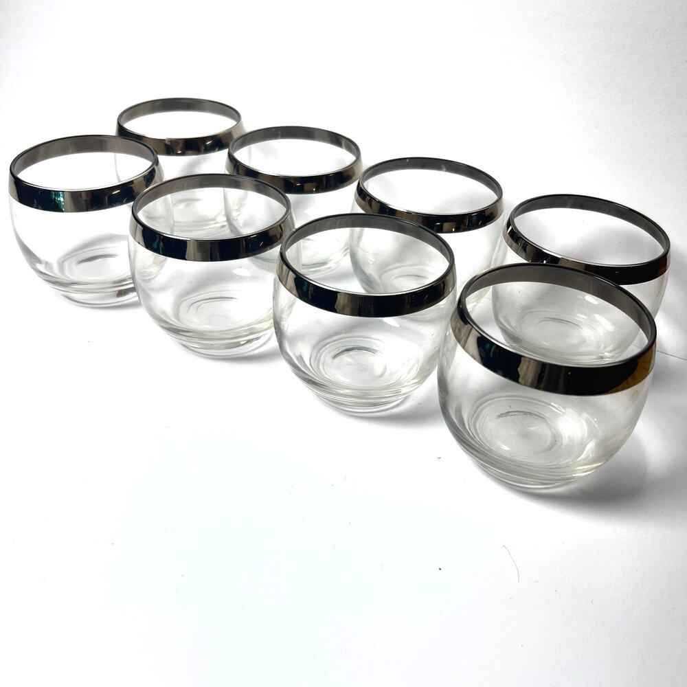 Vintage Dorothy Thorpe Silver Band Roly Poly Glass Tumblers Set of 8 Mid Century